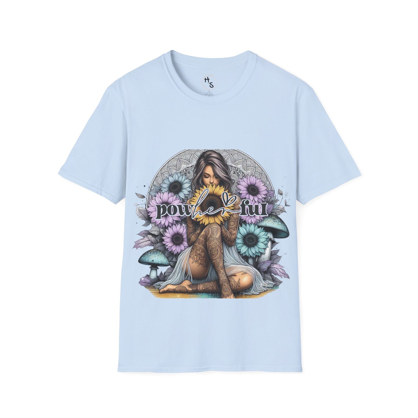 Light blue t-shirt with a graphic design of a woman surrounded by flowers and text on a white background