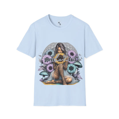 Light blue t-shirt with a graphic design of a woman surrounded by flowers and text on a white background