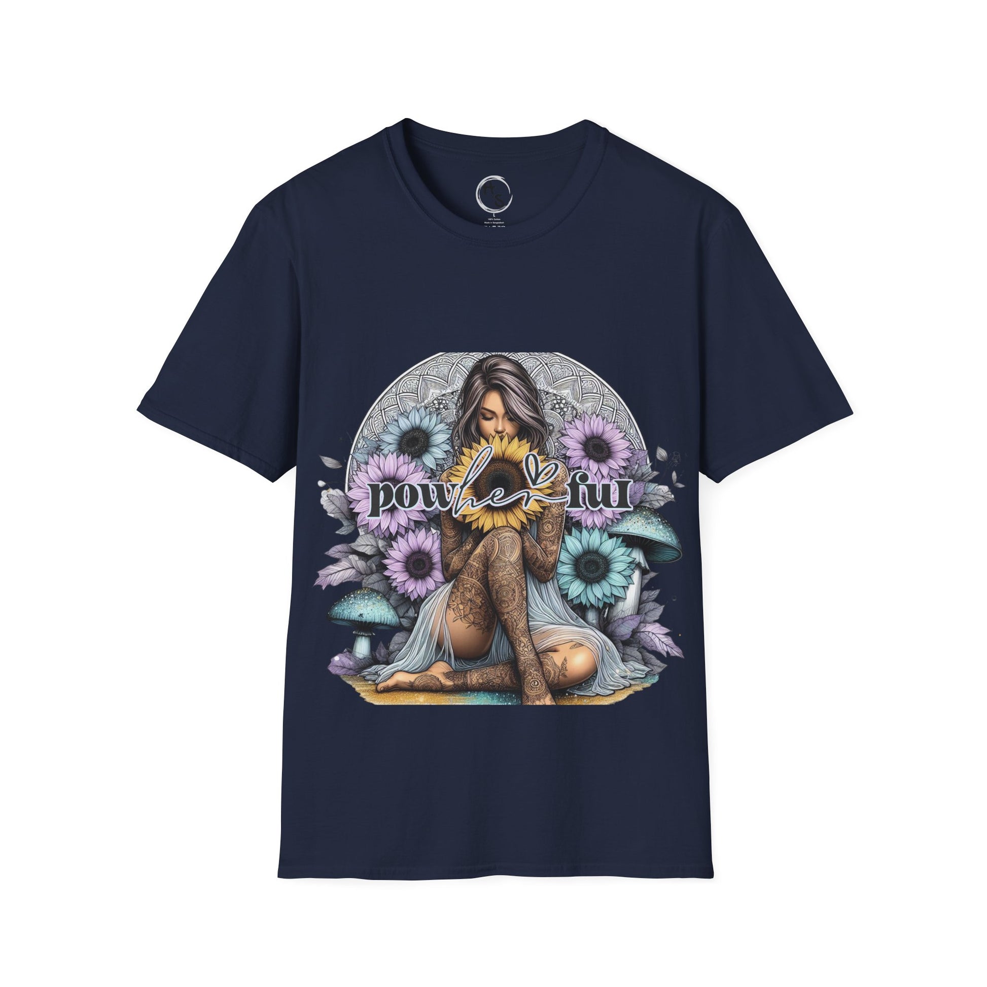 Navy blue t-shirt with a graphic design of a woman surrounded by flowers and text on a white background