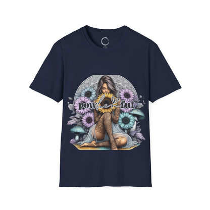 Navy blue t-shirt with a graphic design of a woman surrounded by flowers and text on a white background