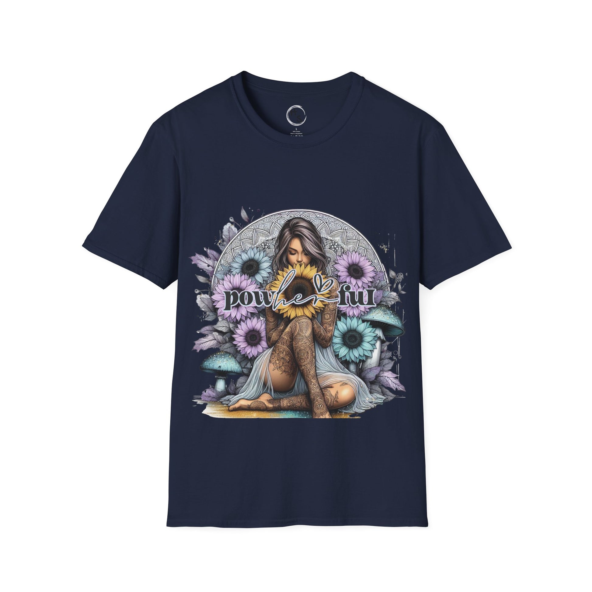 Navy blue t-shirt with a graphic design of a woman surrounded by flowers on a white background