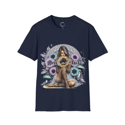 Navy blue t-shirt with a graphic design of a woman surrounded by flowers on a white background