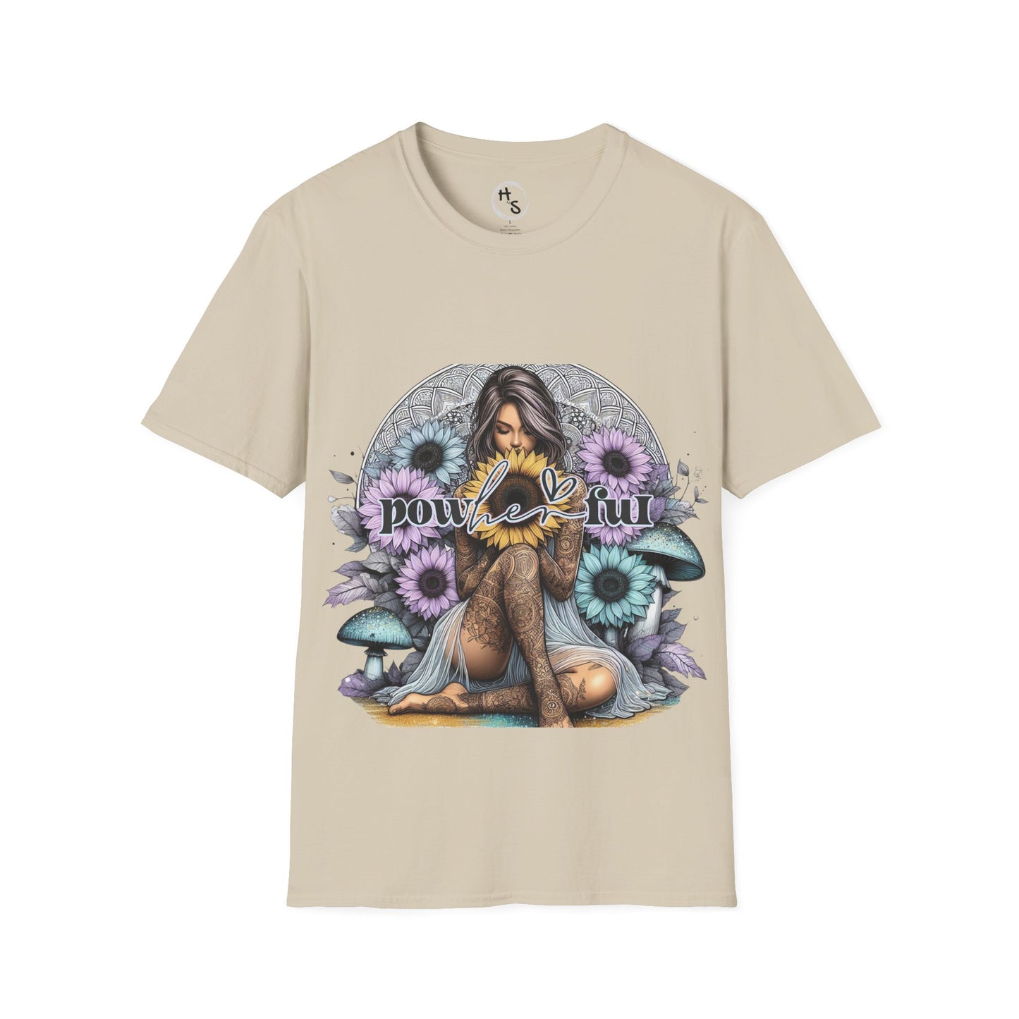 Beige t-shirt with a graphic design of a woman surrounded by flowers and mushrooms on a white background.
