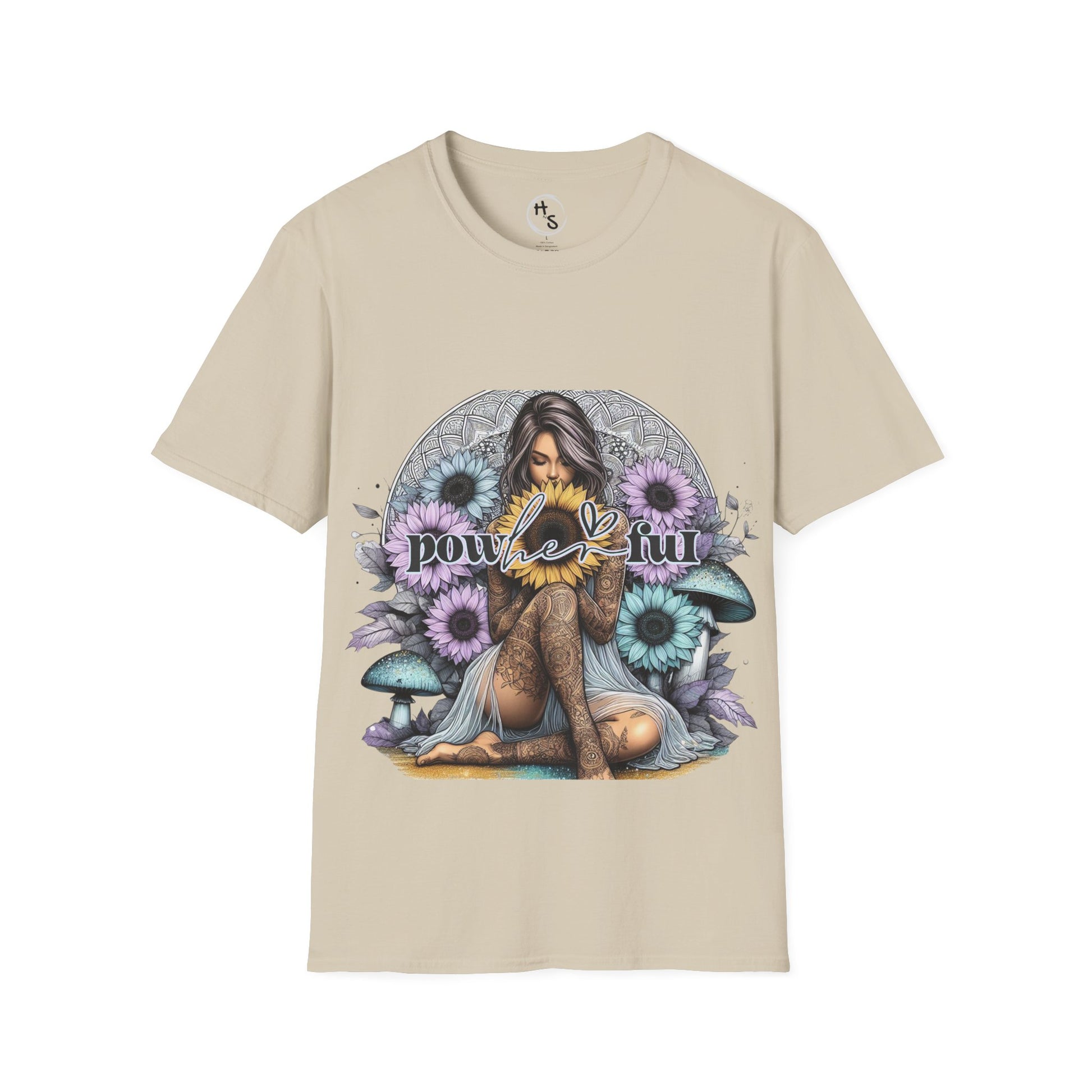 Beige t-shirt with a graphic design of a woman surrounded by flowers and mushrooms on a white background.