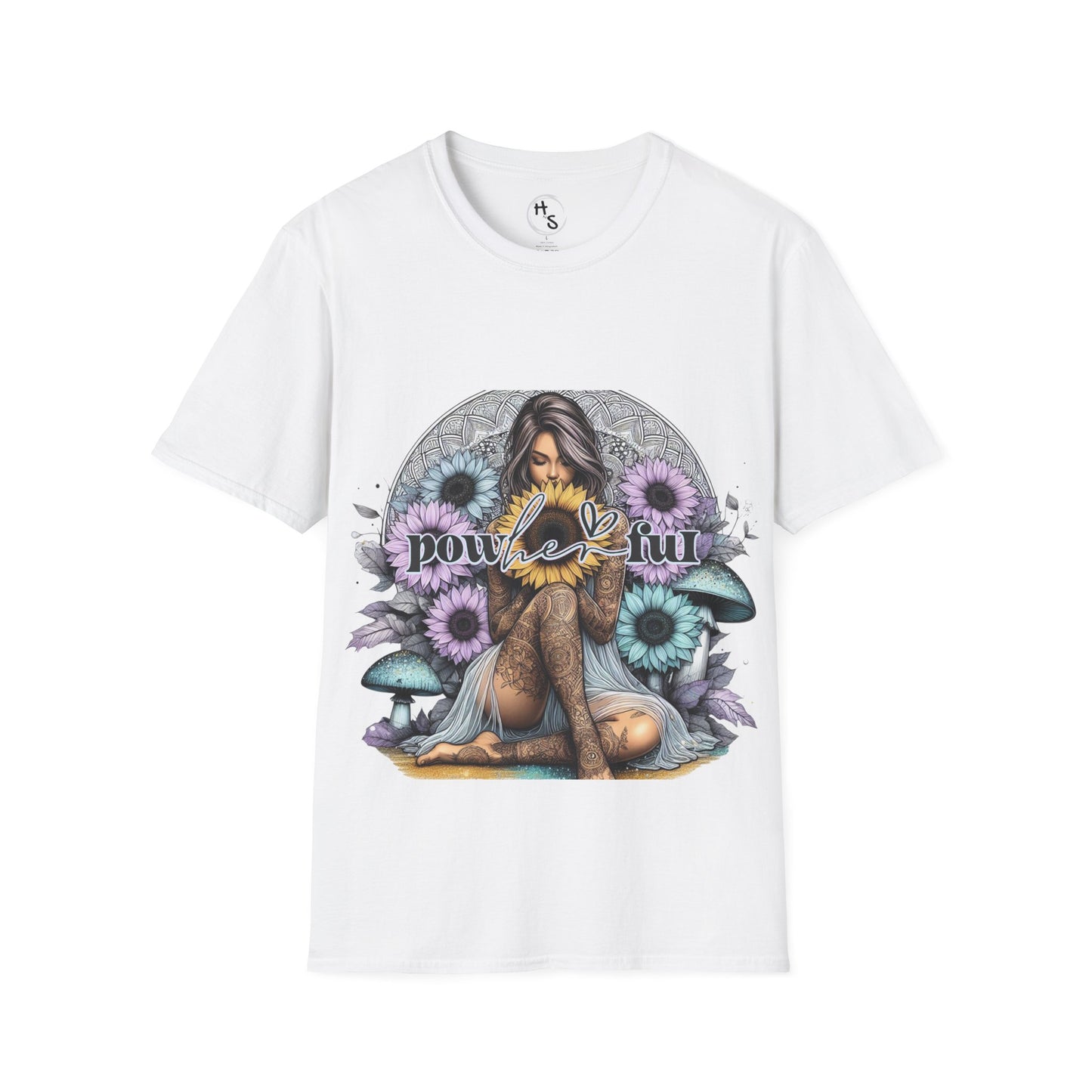 White t-shirt with a colorful graphic design featuring a woman and flowers on a white background