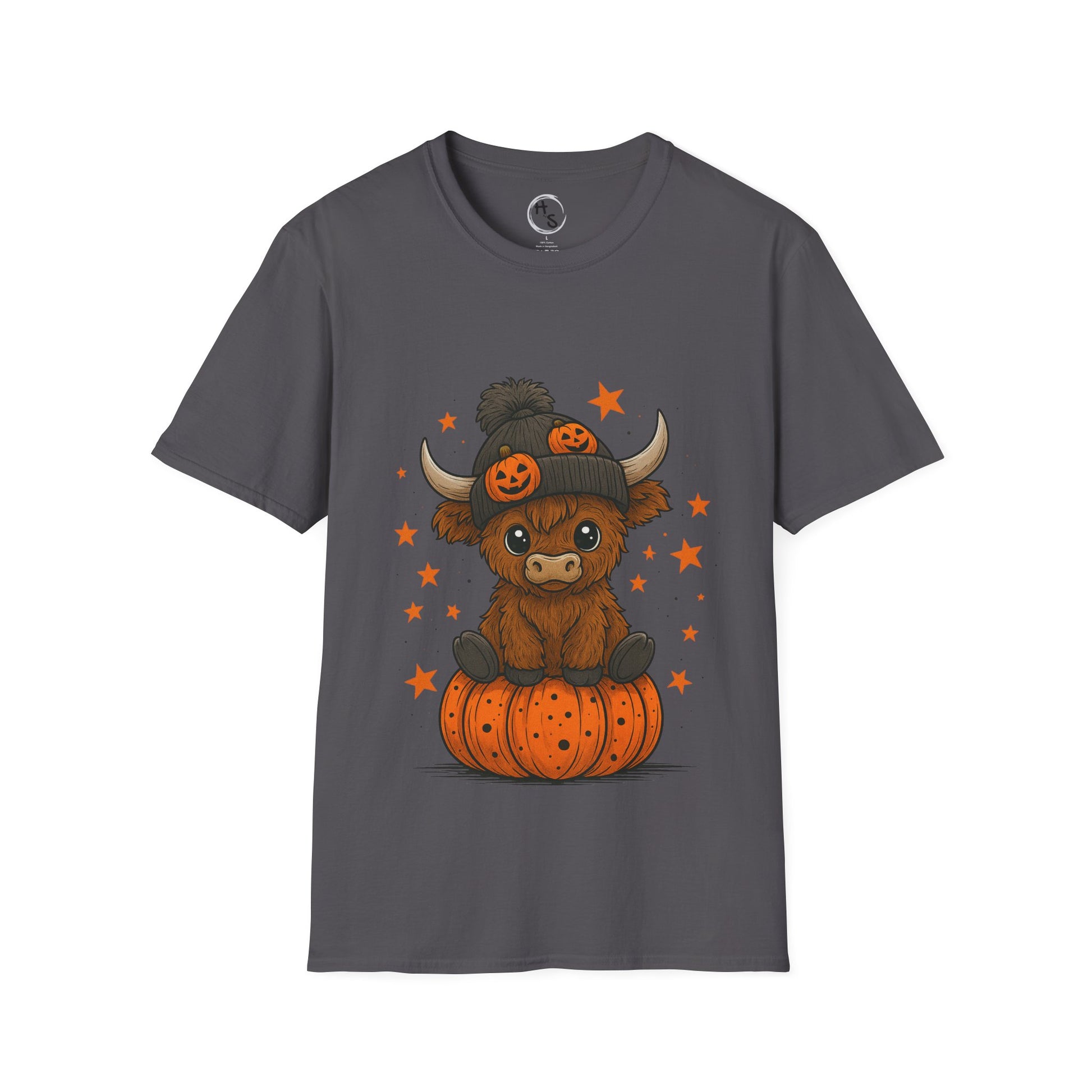 Gray t-shirt with a cartoon cow in a Halloween-themed hat and pumpkin on a white background