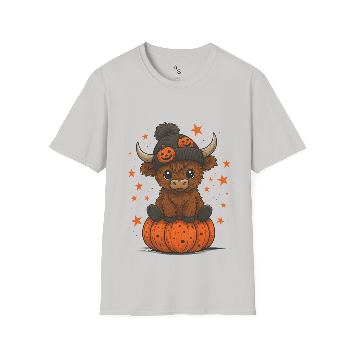Gray t-shirt with a cartoon cow on a pumpkin wearing a Halloween-themed headband on a white background