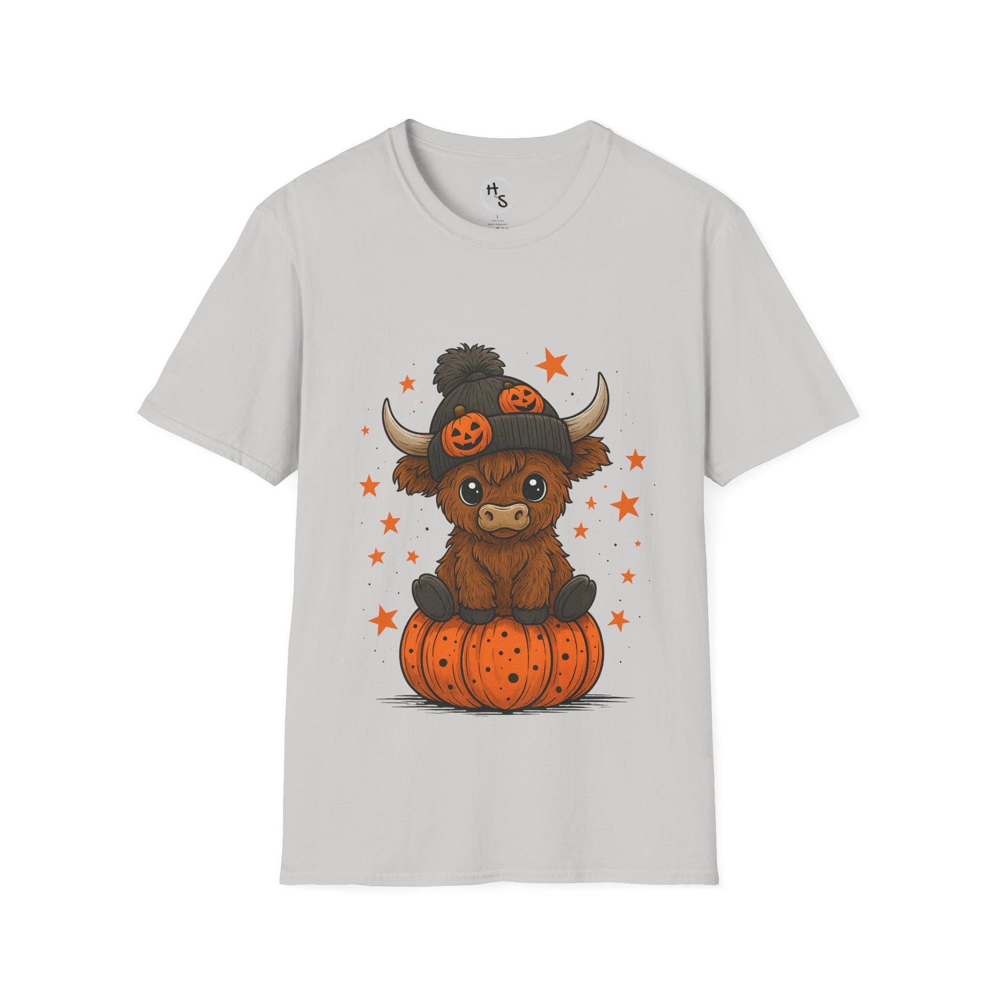 Gray t-shirt with a cartoon cow on a pumpkin wearing a Halloween-themed headband on a white background
