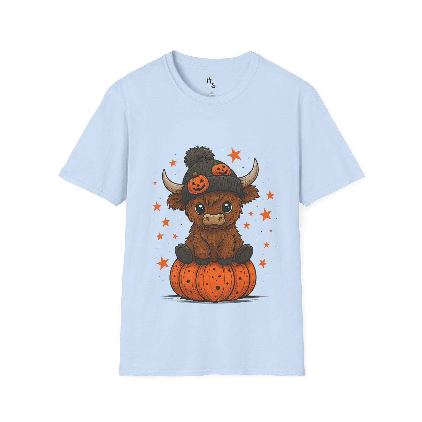 Light blue t-shirt with a cartoon cow on a pumpkin and pumpkins hat design.