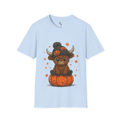 Light blue t-shirt with a cartoon cow on a pumpkin and pumpkins hat design.