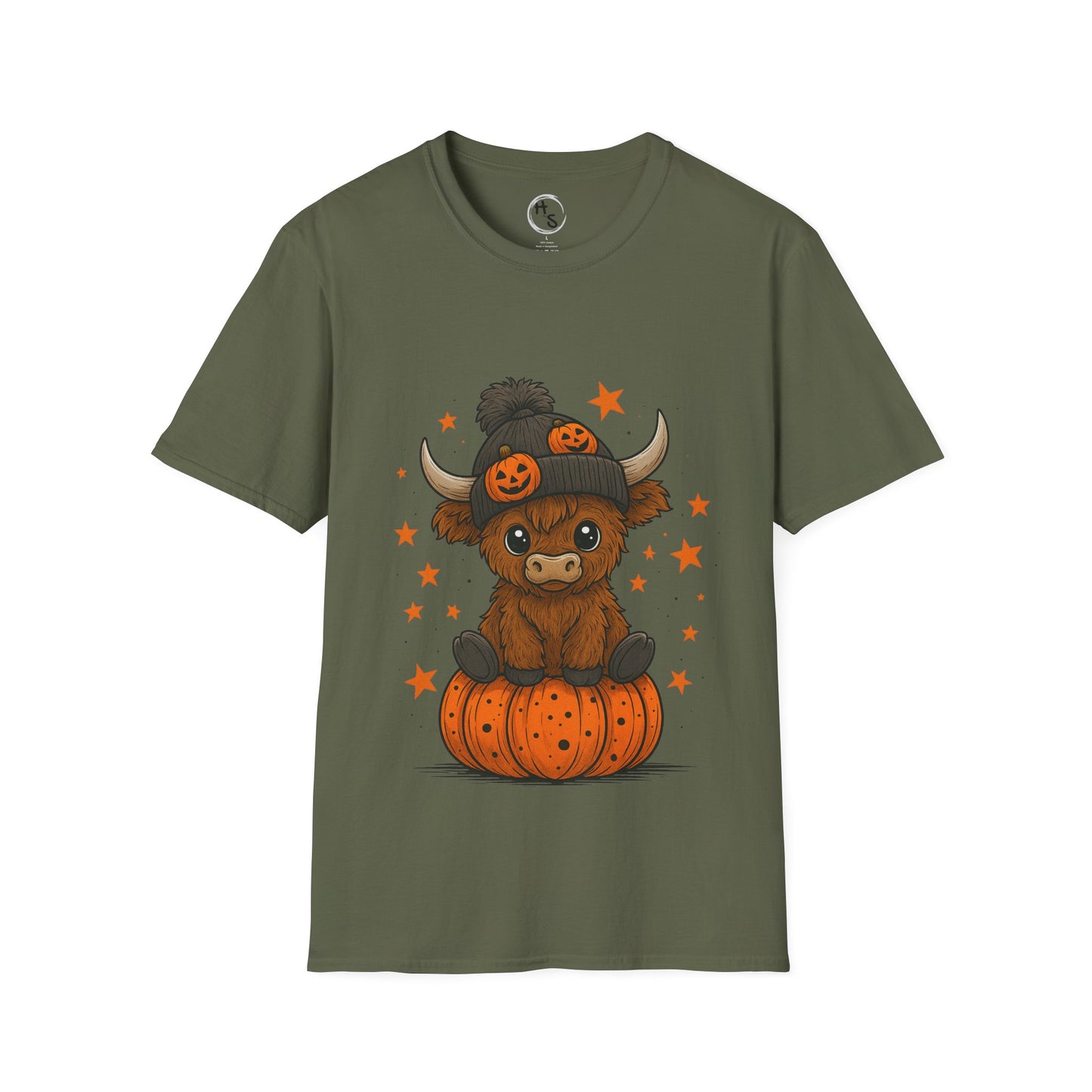 Green t-shirt with a cartoon cow with a Halloween hat on a pumpkin design.