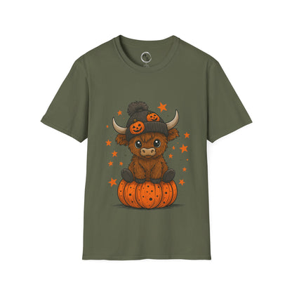 Green t-shirt with a cartoon cow with a Halloween hat on a pumpkin design.