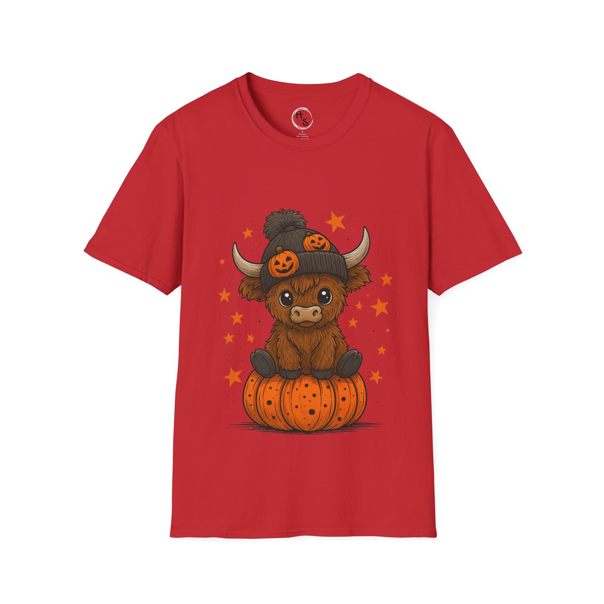 Red t-shirt with a cartoon cow with a hat and pumpkin on a white background
