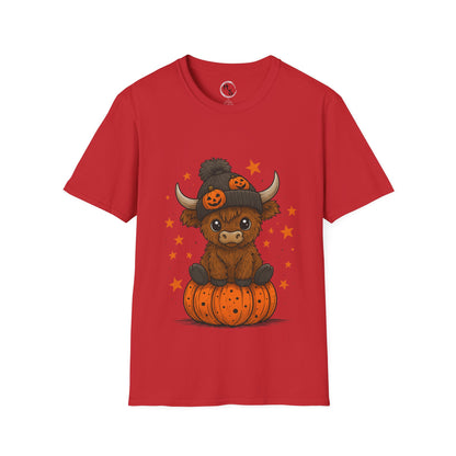 Red t-shirt with a cartoon cow with a hat and pumpkin on a white background