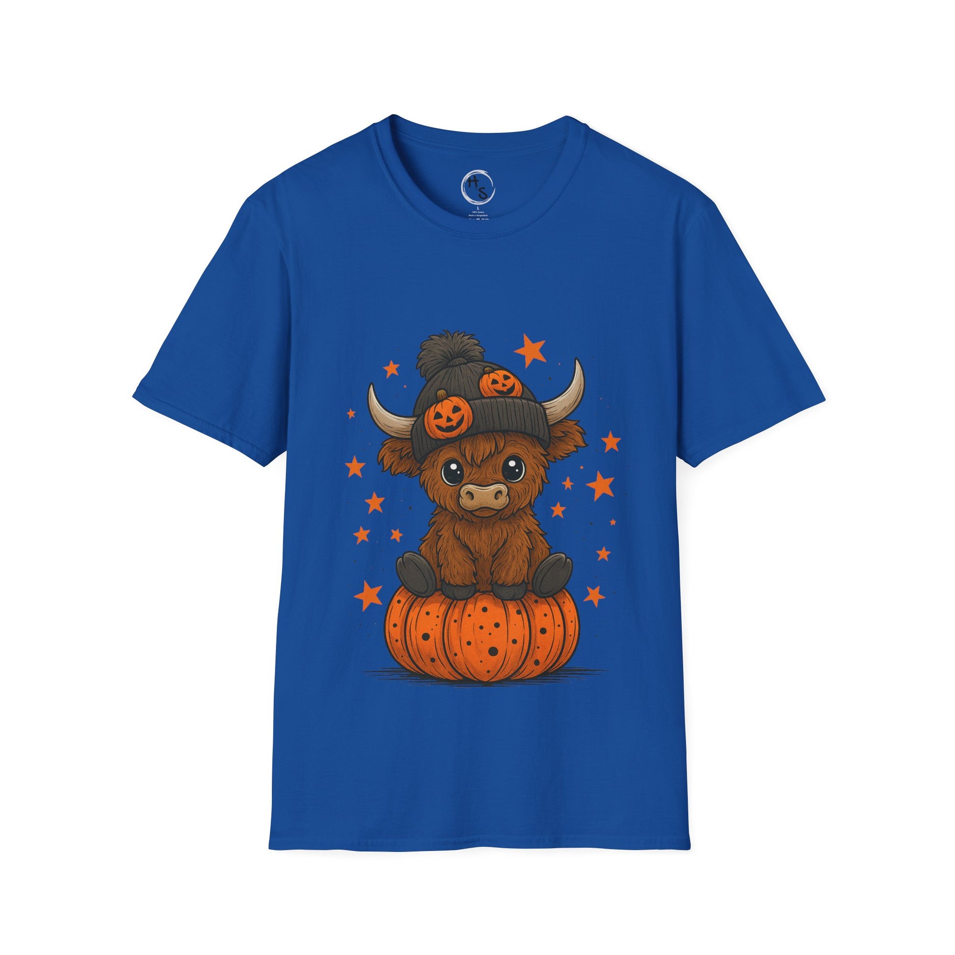 Blue t-shirt with a cartoon bull in a Halloween-themed hat and pumpkin on a white background