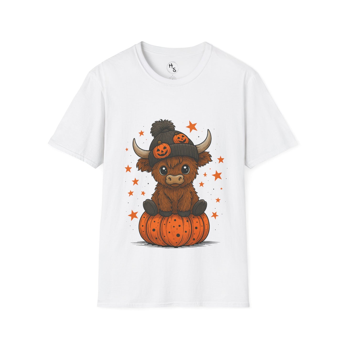 White t-shirt with a cartoon cow on a pumpkin design