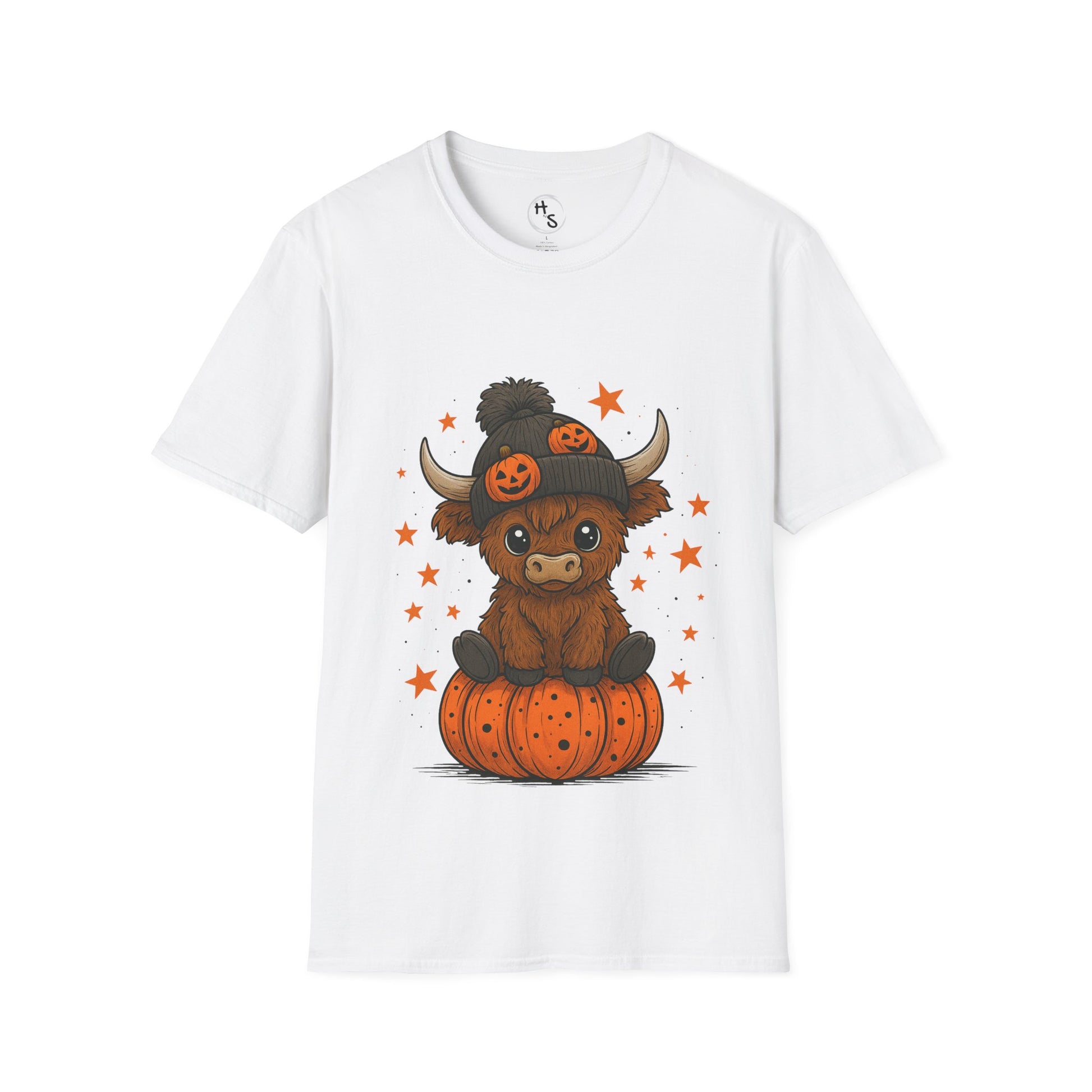White t-shirt with a cartoon cow on a pumpkin design