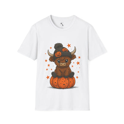 White t-shirt with a cartoon cow on a pumpkin design