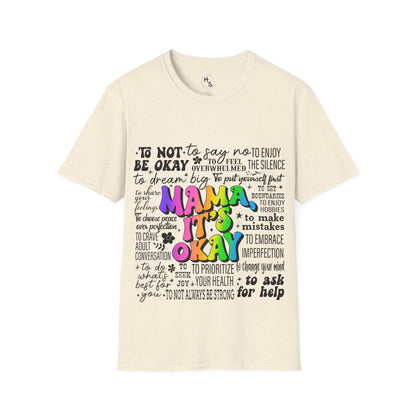 Beige t-shirt with motivational text and colorful 'MAMA' on a beige background