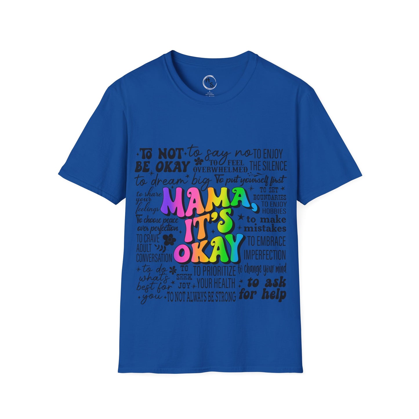 Blue t-shirt with colorful Mama text design on a blue background