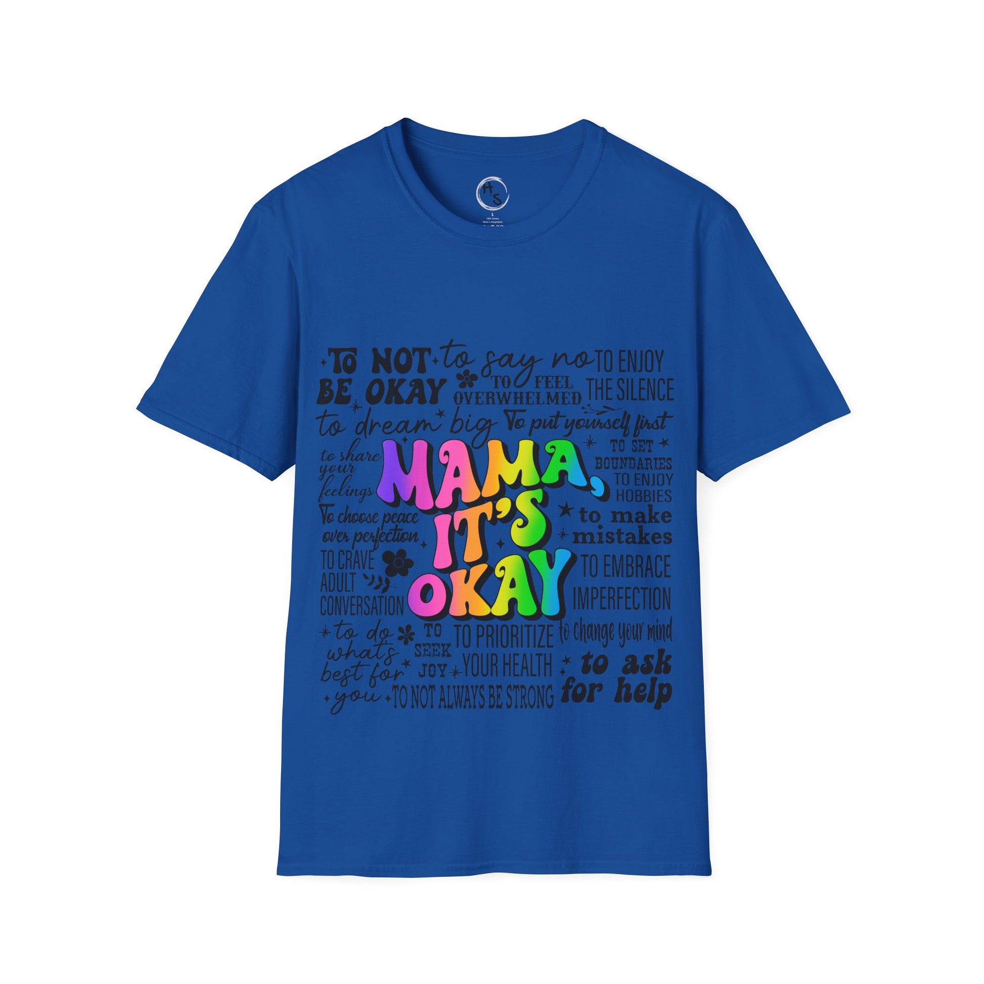 Blue t-shirt with colorful Mama text design on a blue background