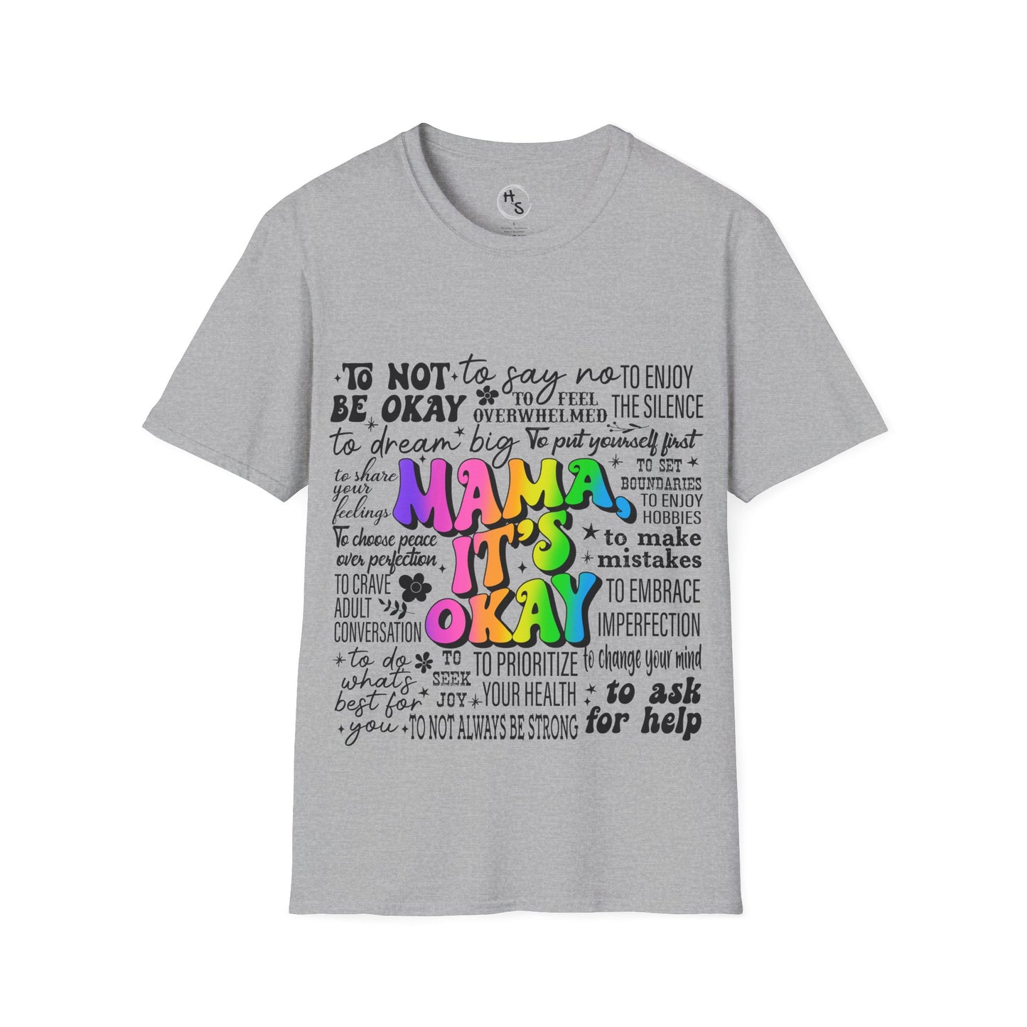 Gray t-shirt with colorful Mama text design on a grey background