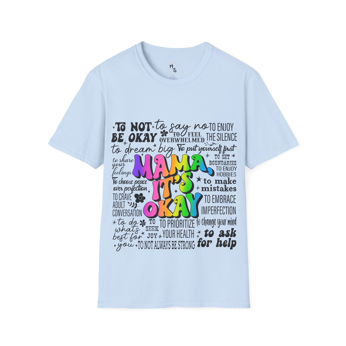 Light blue t-shirt with colorful Mama text design on a light blue background