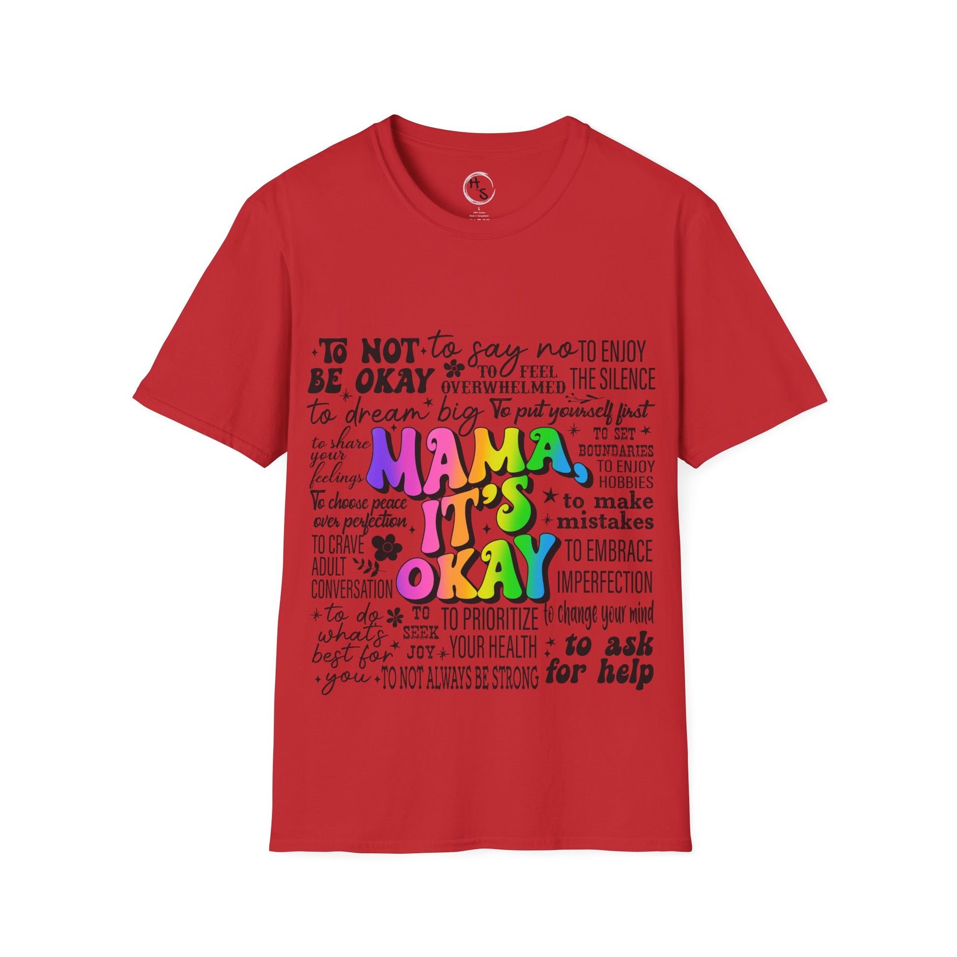 Red t-shirt with colorful Mama text design on a red background