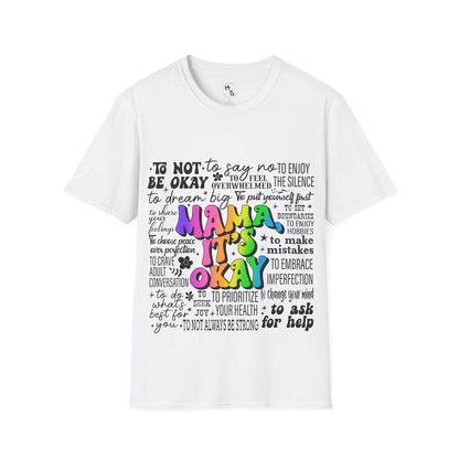 White t-shirt with colorful Mama text design on a white background