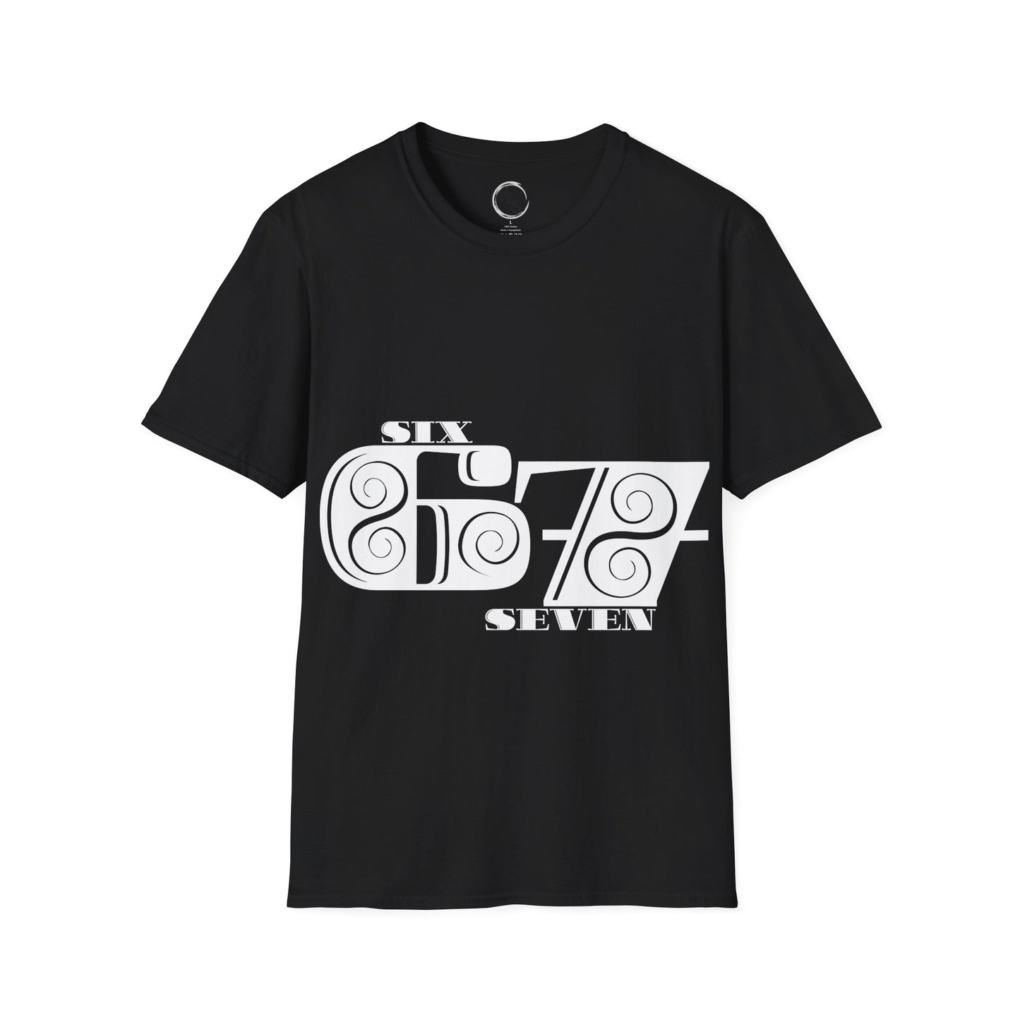 Black 67 t-shirt with white graphic design on a white background