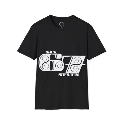 Black 67 t-shirt with white graphic design on a white background