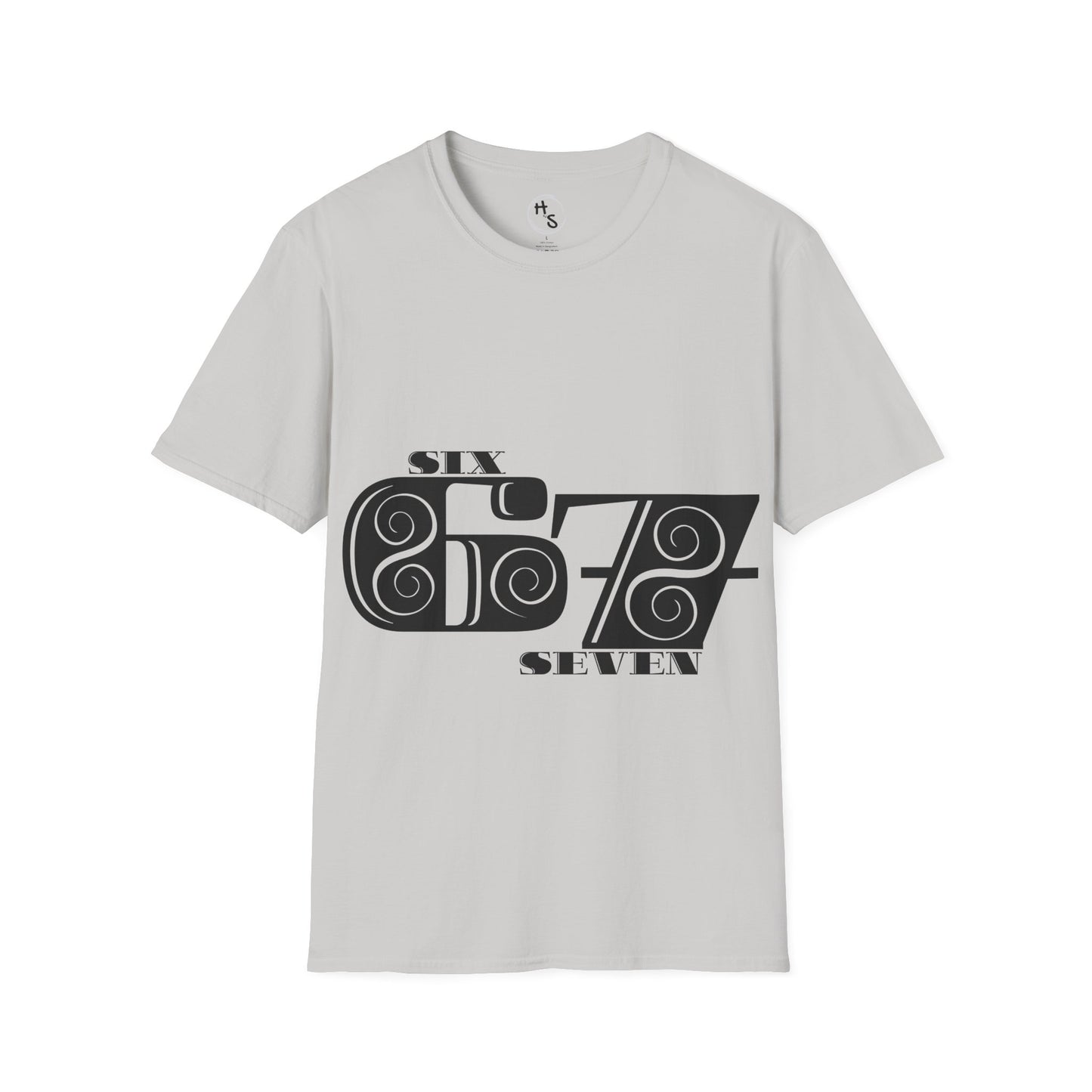 Grey t-shirt with black 67 graphic design on a white background