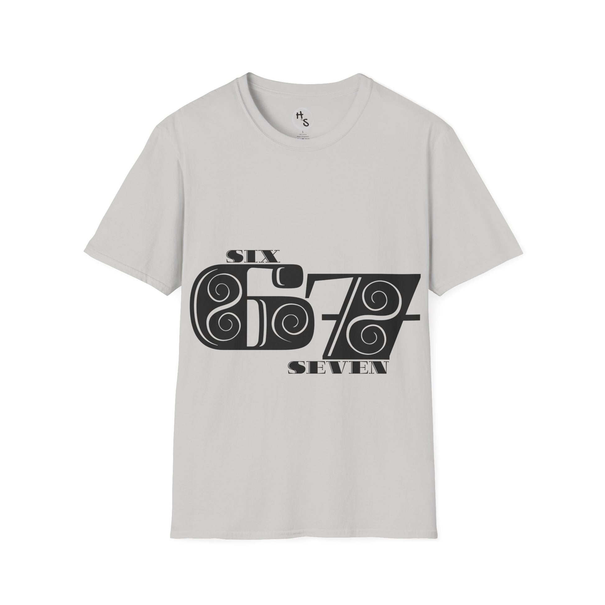 Grey t-shirt with black 67 graphic design on a white background
