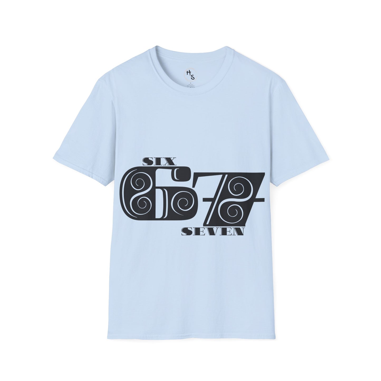 Light blue t-shirt with black 67 graphic design on a white background
