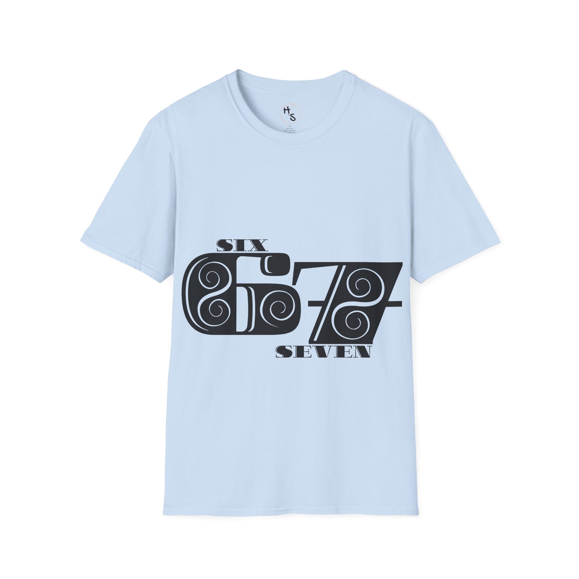 Light blue t-shirt with black 67 graphic design on a white background