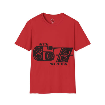 Red t-shirt with black 67 graphic design on a white background