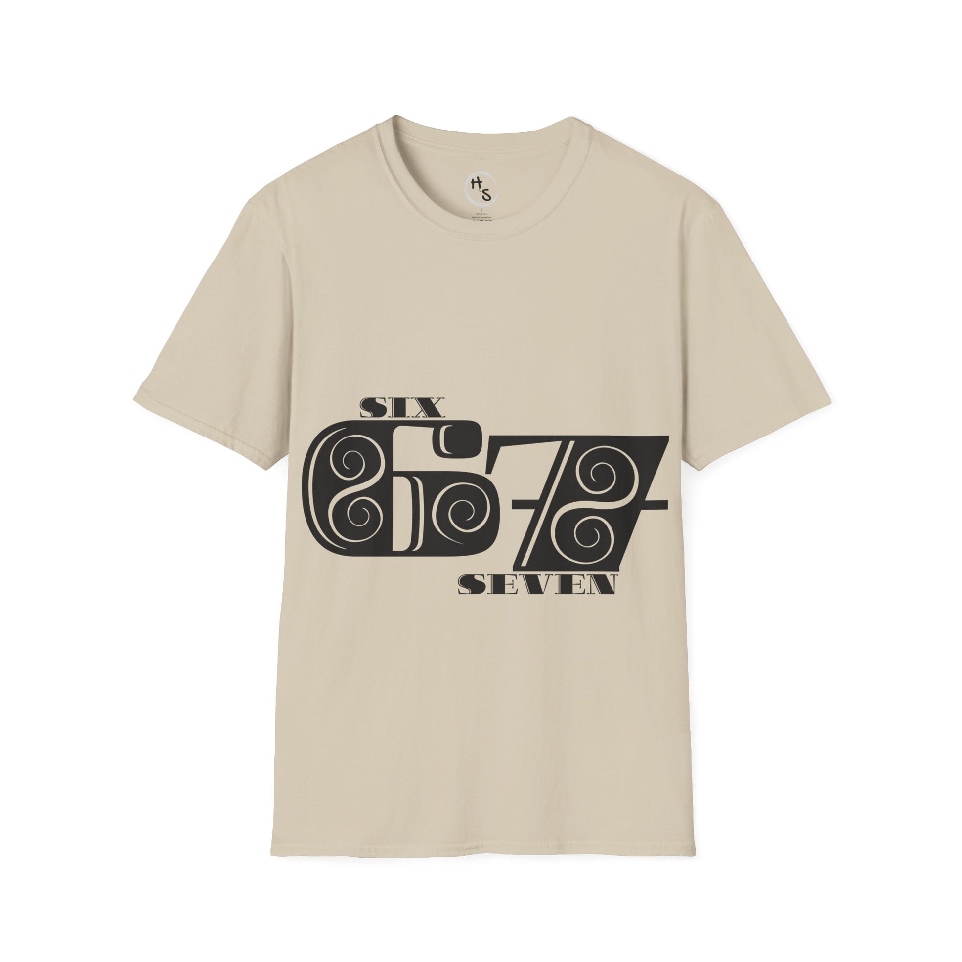 Beige t-shirt with black 67 graphic design on a white background