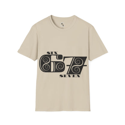 Beige t-shirt with black 67 graphic design on a white background
