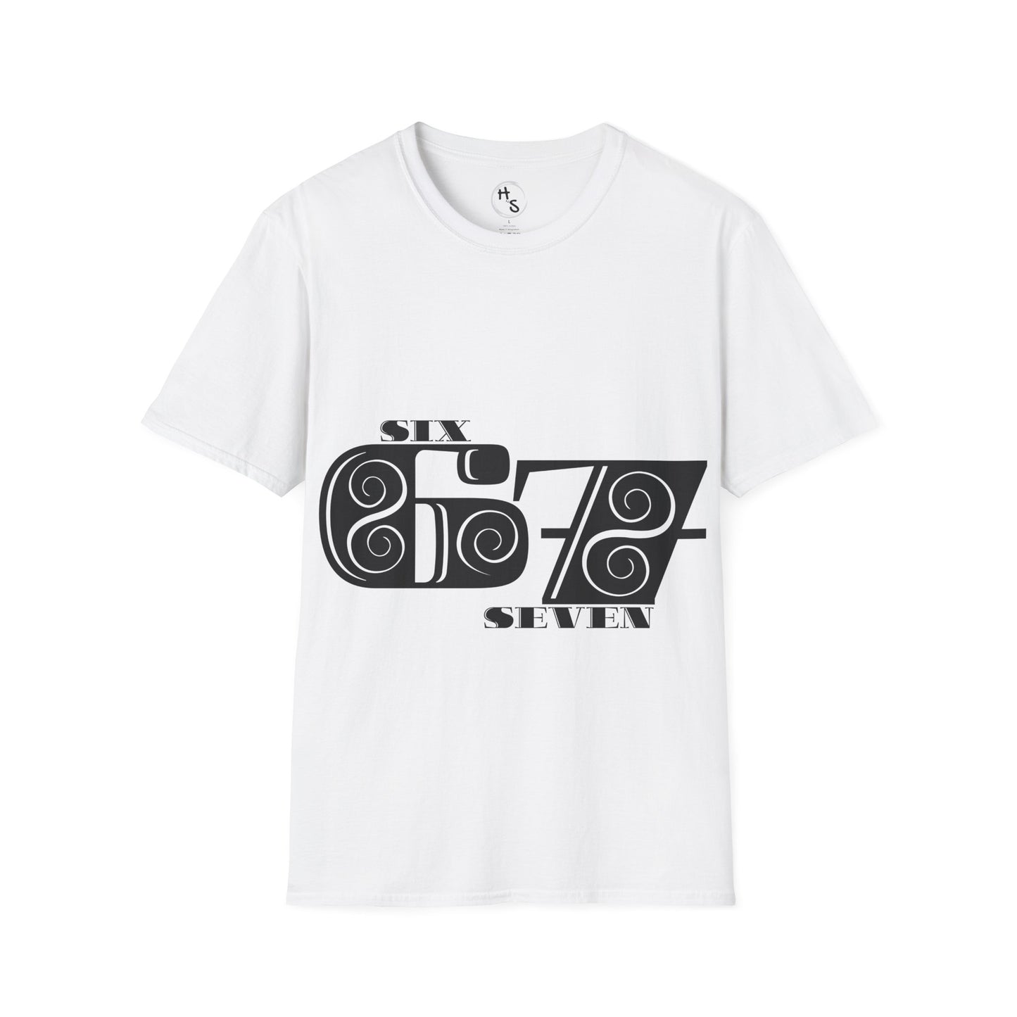 White t-shirt with black 67 graphic design on a white background