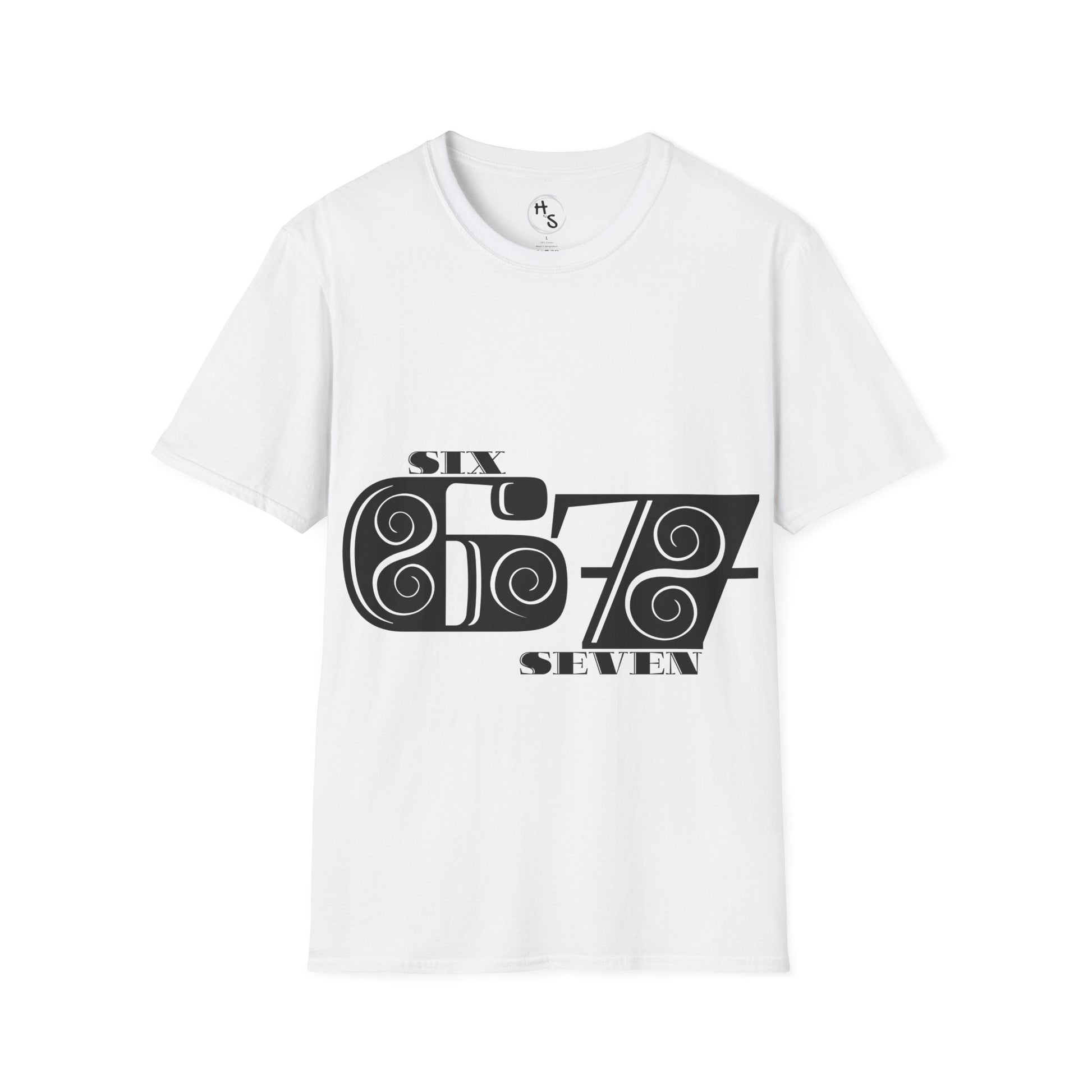 White t-shirt with black 67 graphic design on a white background