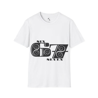 White t-shirt with black 67 graphic design on a white background
