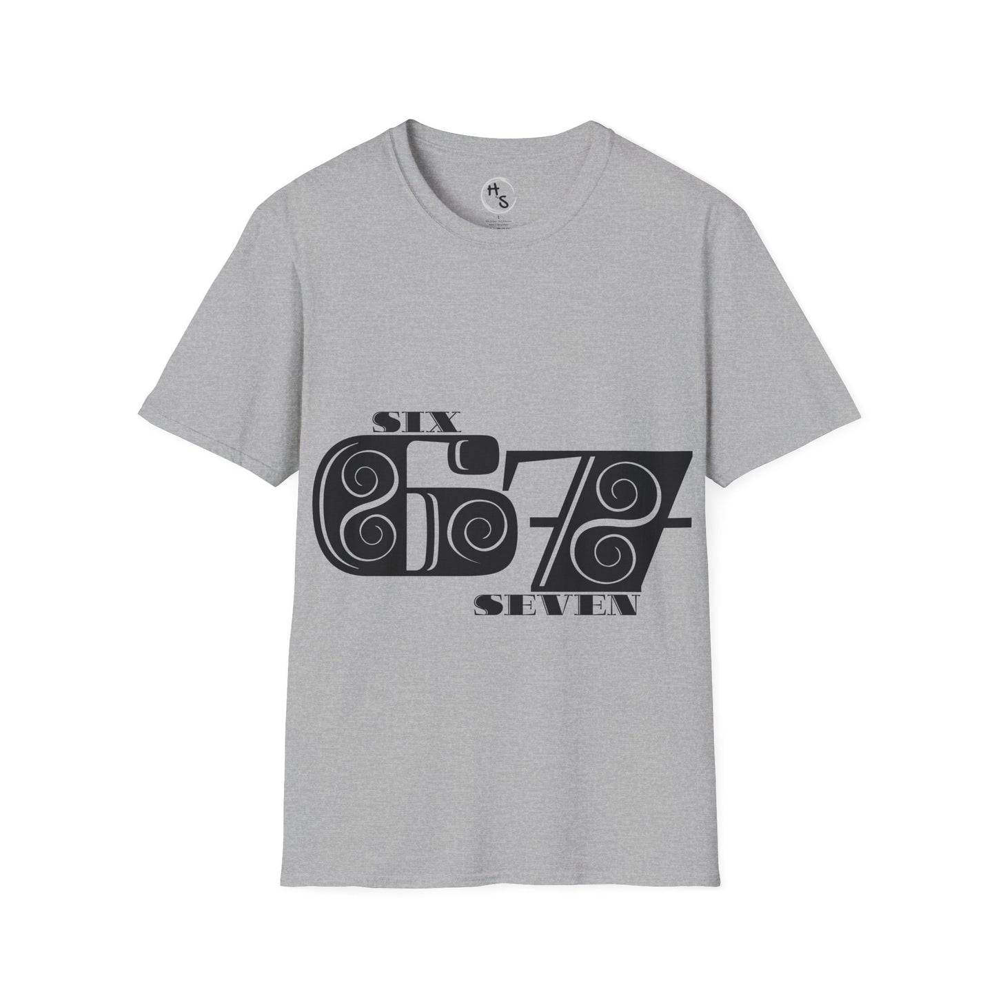 Gray t-shirt with black 67 graphic design on a white background