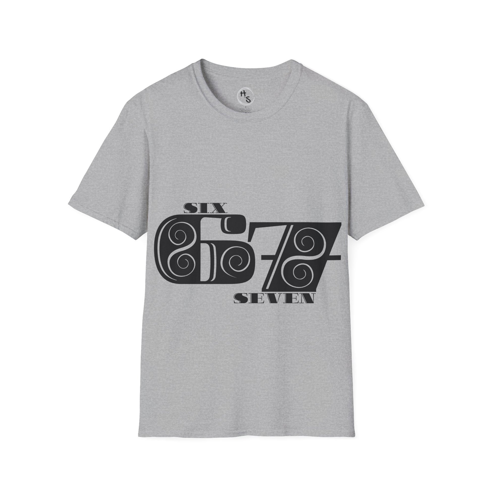 Gray t-shirt with black 67 graphic design on a white background