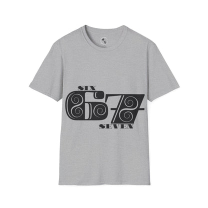 Gray t-shirt with black 67 graphic design on a white background