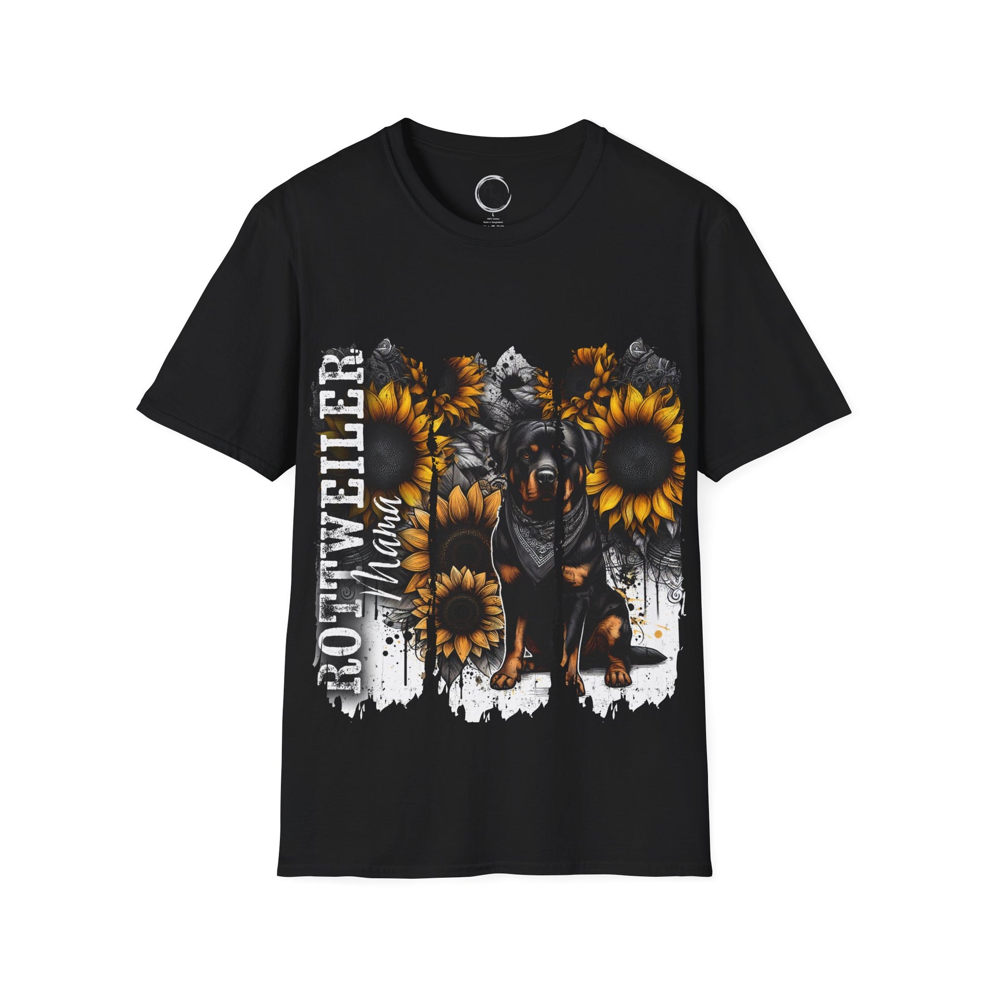 Black t-shirt with Rottweiler and sunflower design on a black background