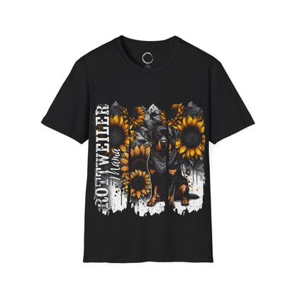Black t-shirt with Rottweiler and sunflower design on a black background