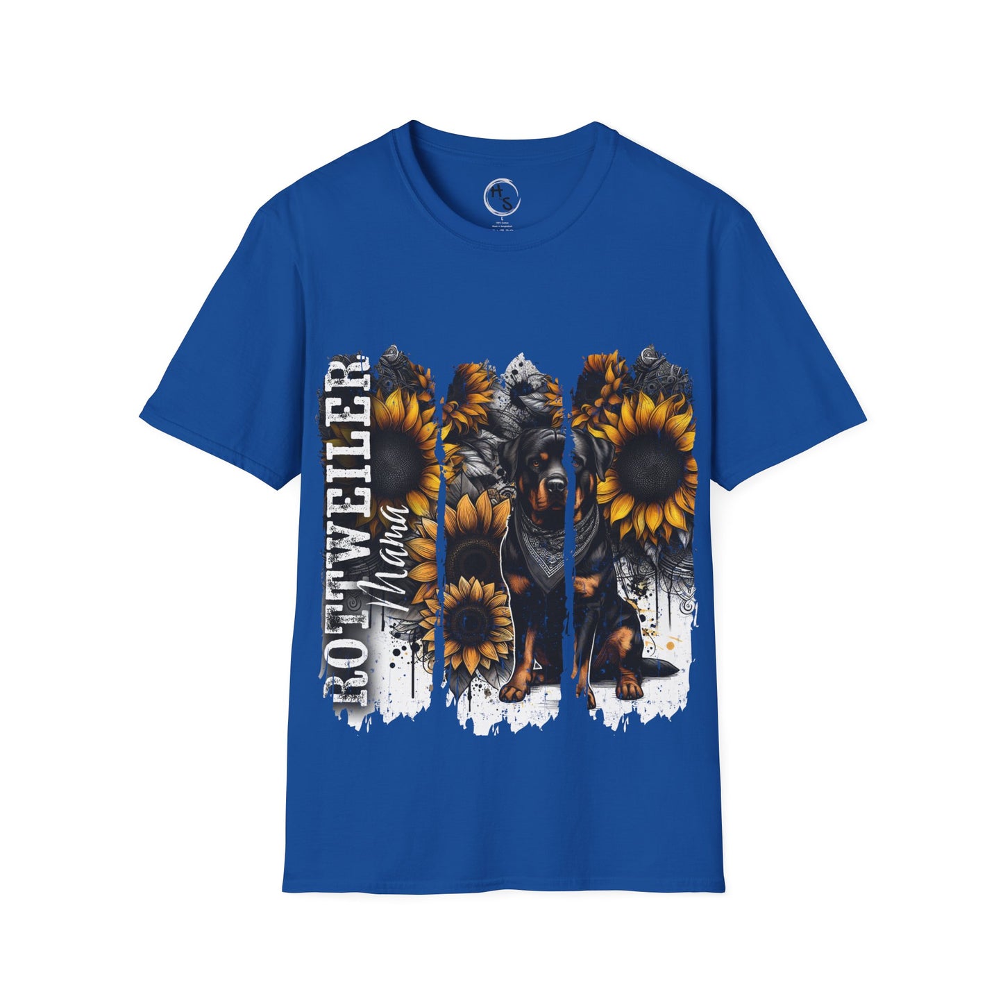 Blue t-shirt with Rottweiler and sunflower design on a blue background