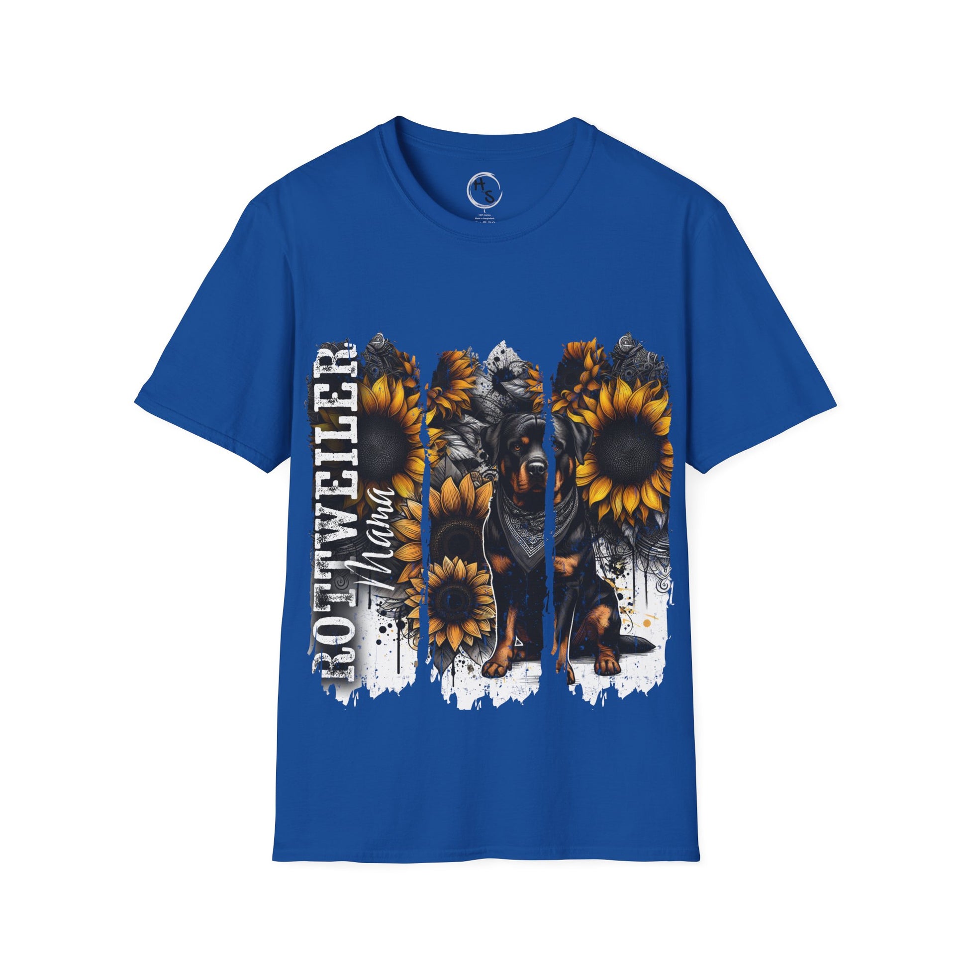 Blue t-shirt with Rottweiler and sunflower design on a blue background