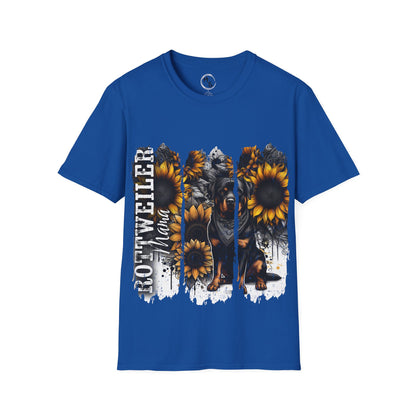 Blue t-shirt with Rottweiler and sunflower design on a blue background