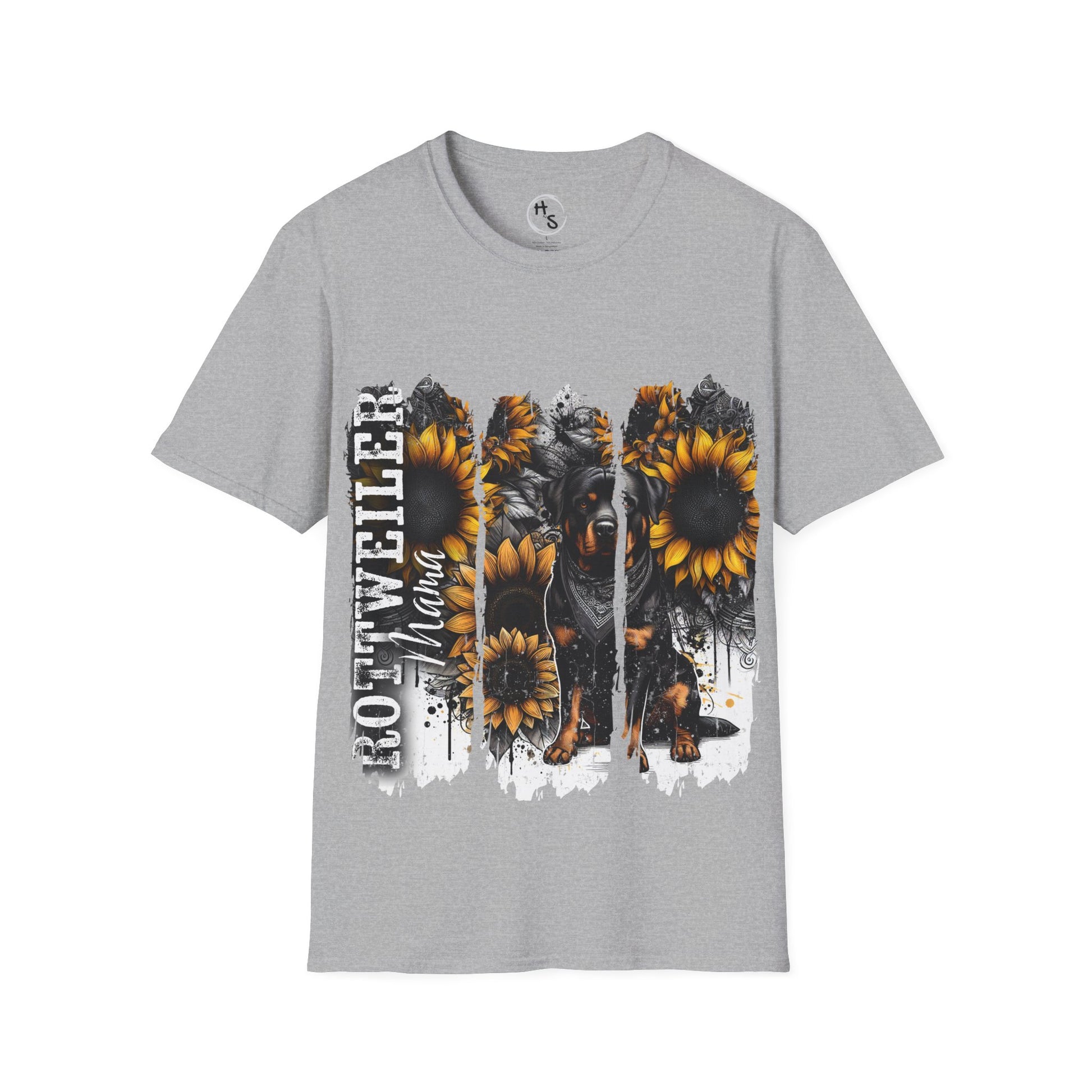 Gray t-shirt with sunflower and Rottweiler graphic design on a grey background